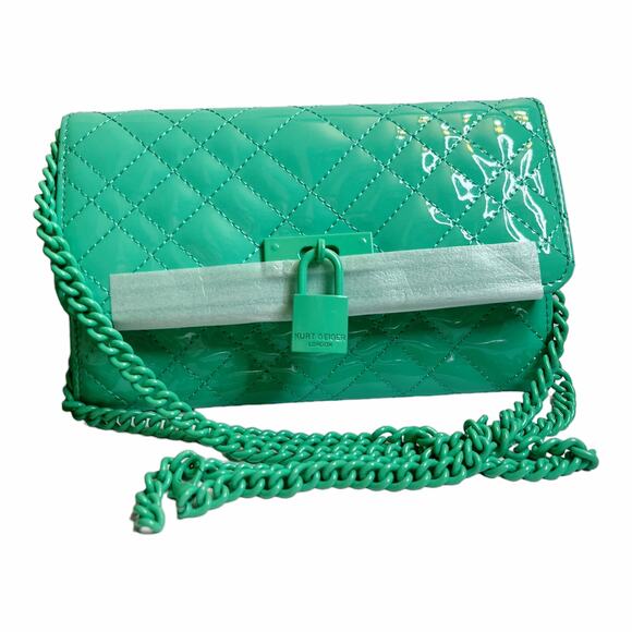 KURT GEIGER Brixton Leather Wallet Quilted Crossbody Chain Turquoise Green NWT - Picture 10 of 11